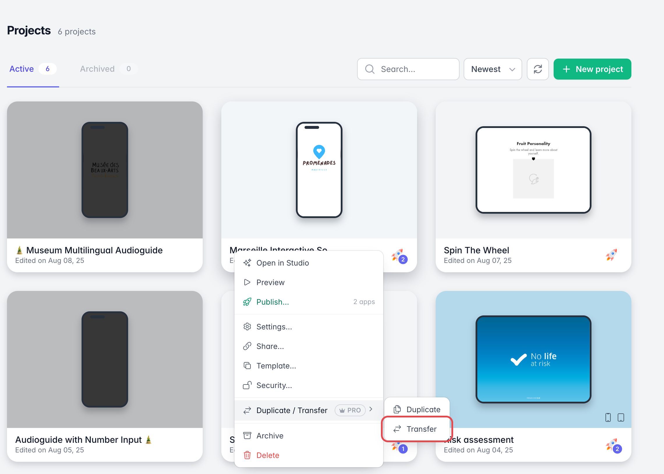 Menu of a project in the dashboard: Duplicate / Transfer, marked PRO, opens a submenu where Transfer is framed