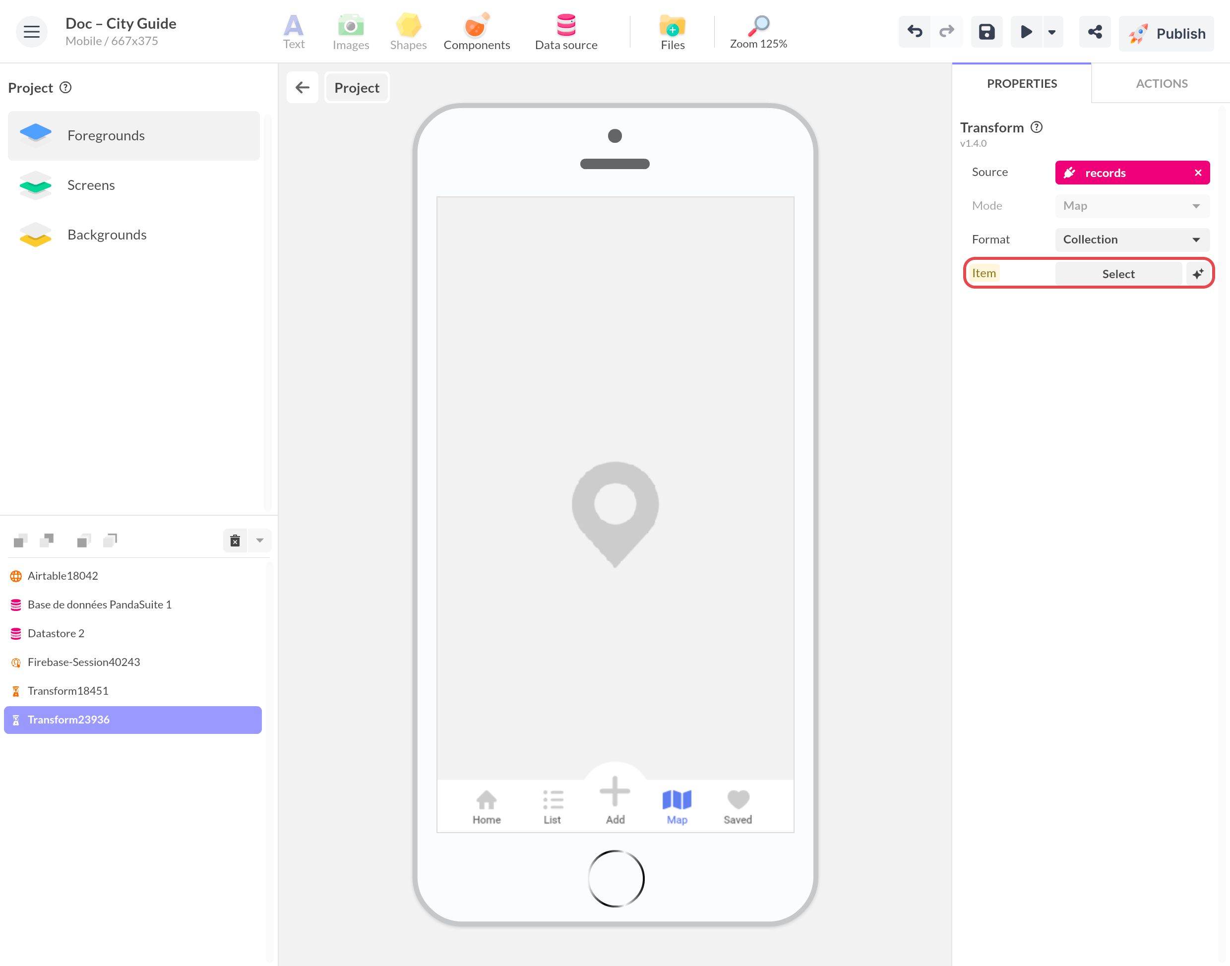Transform with the Airtable records as Source and the Collection format: the Item field, still empty, and its auto-configuration button, framed