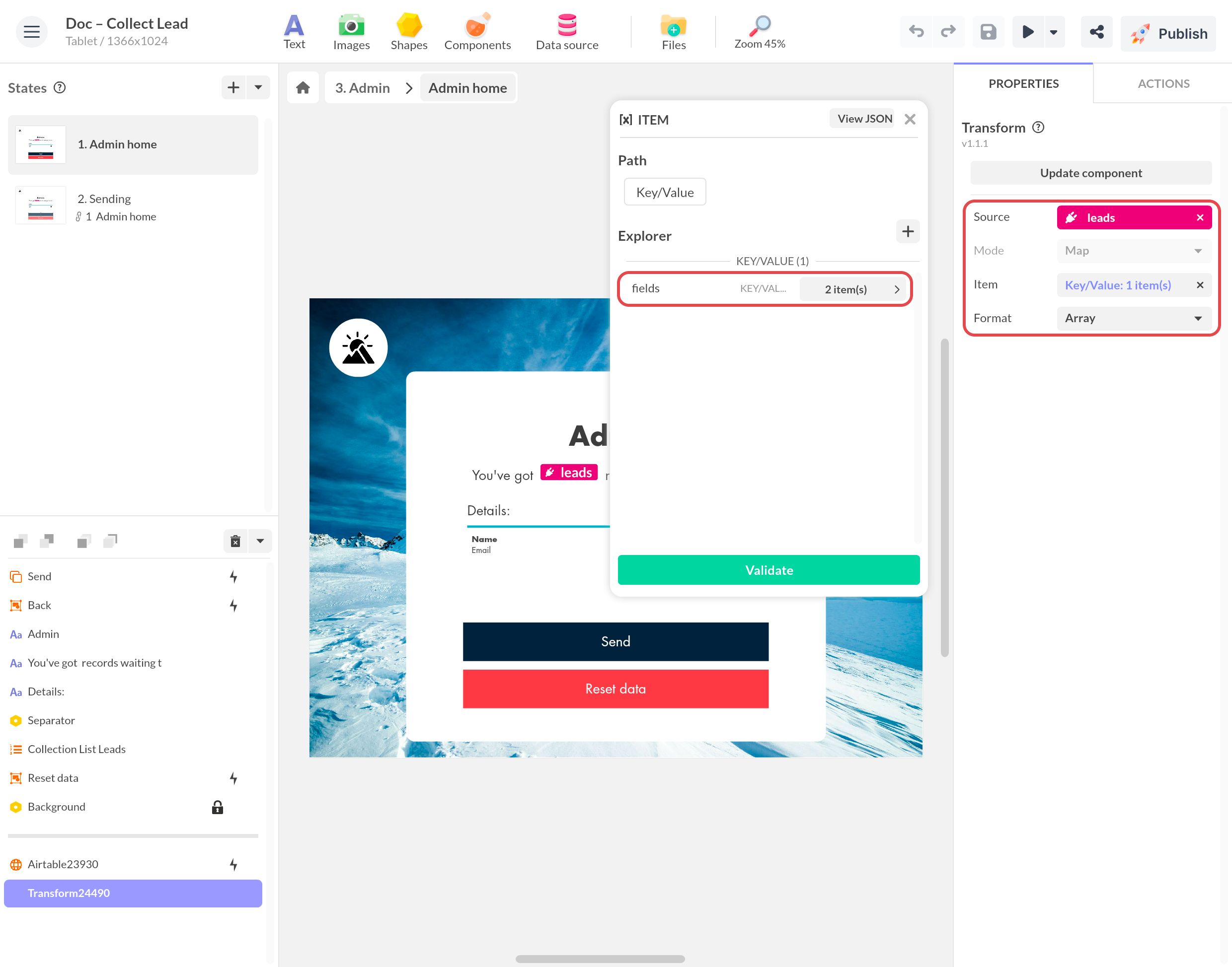 Transform set up for Airtable: Source leads, Format Array, and an Item whose fields are wrapped in the fields node, framed