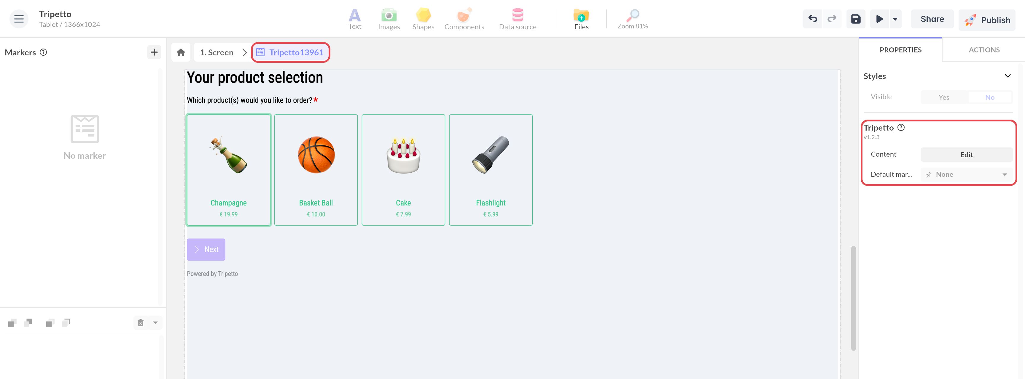 Inside a Tripetto component in PandaSuite Studio: the Your product selection question offers Champagne, Basket Ball, Cake and Flashlight