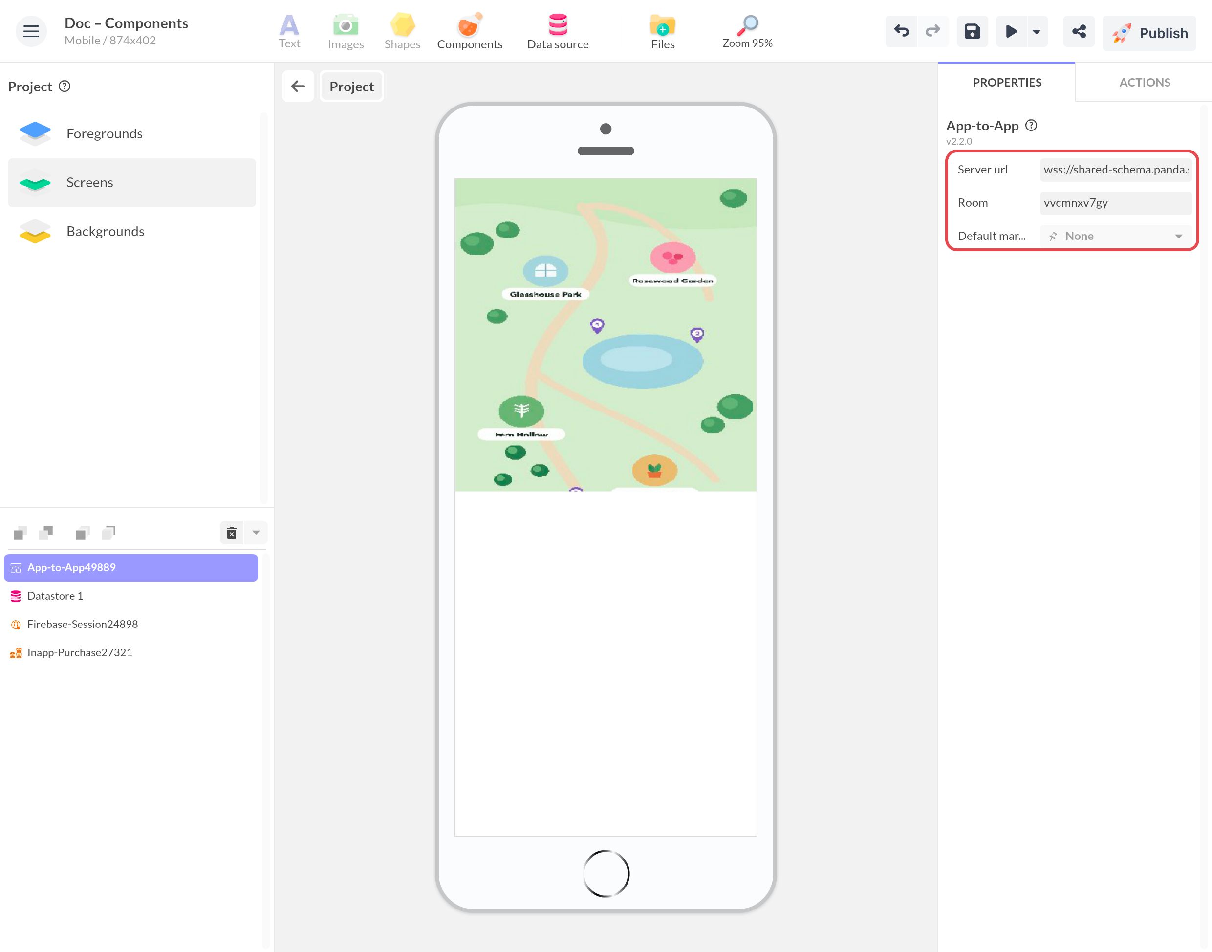 Composant App-to-App au niveau du projet, encadré : Server url wss://shared-schema.panda.st:3443, un identifiant de Room et aucun marqueur par défaut