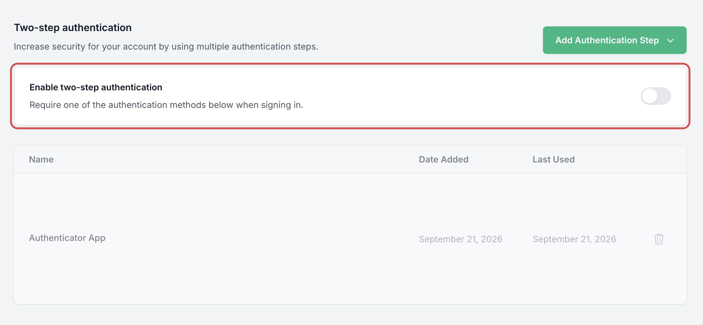 Section Two-step authentication de l'onglet Security : l'interrupteur Enable two-step authentication encadré, désactivé, au-dessus des méthodes