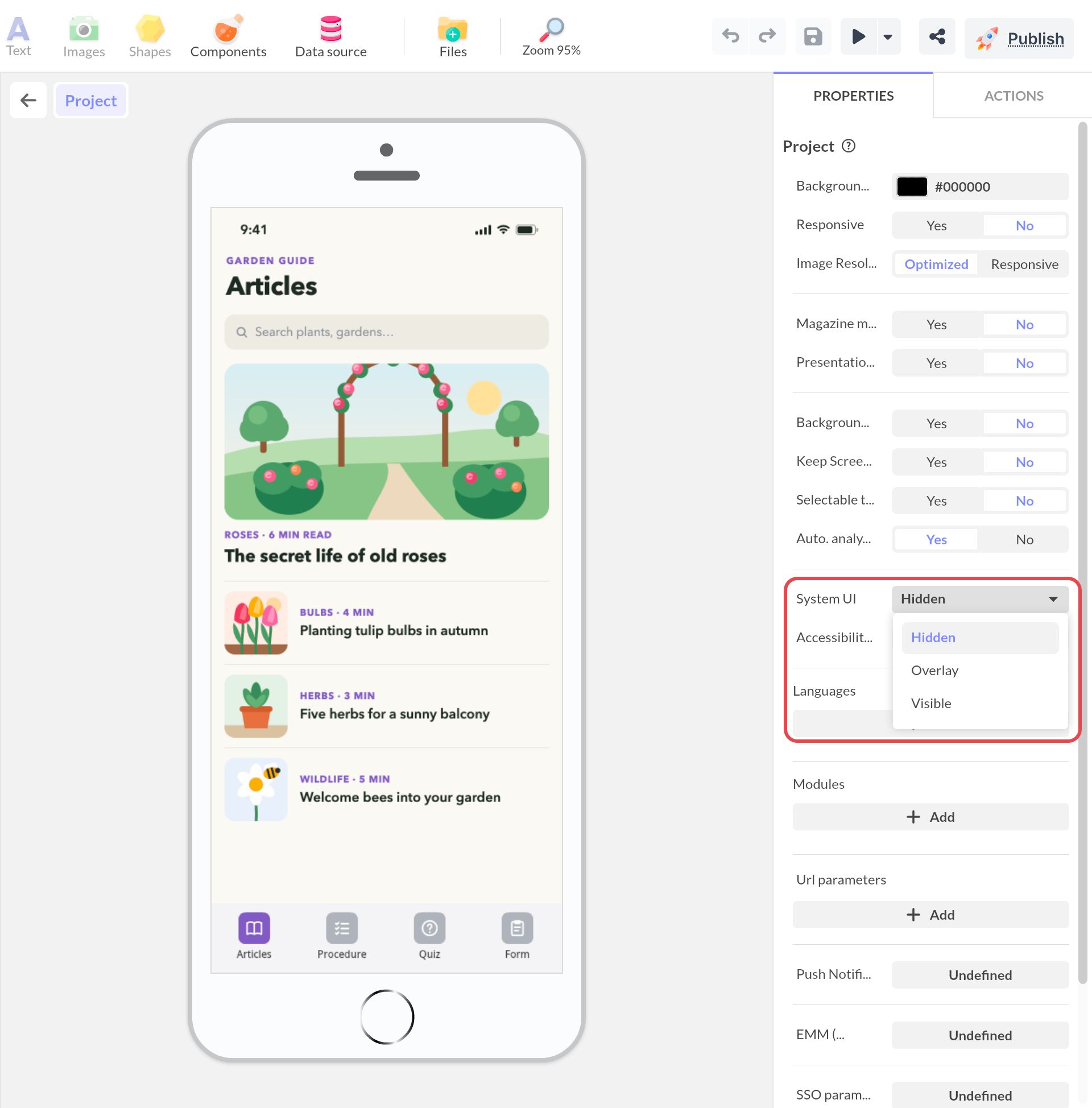 Propriétés du projet : la liste System UI est ouverte sur ses trois options, Hidden (par défaut), Overlay et Visible