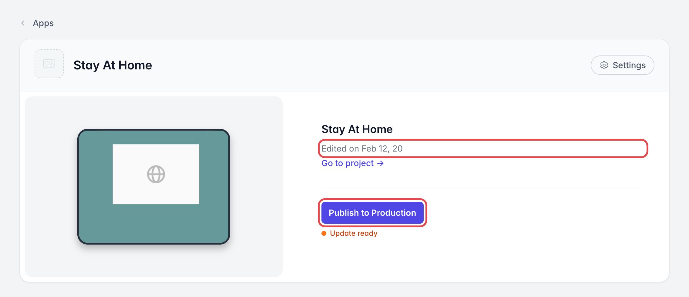 Page de l'app dans le dashboard : la date Edited on et le bouton Publish to Production sont encadrés