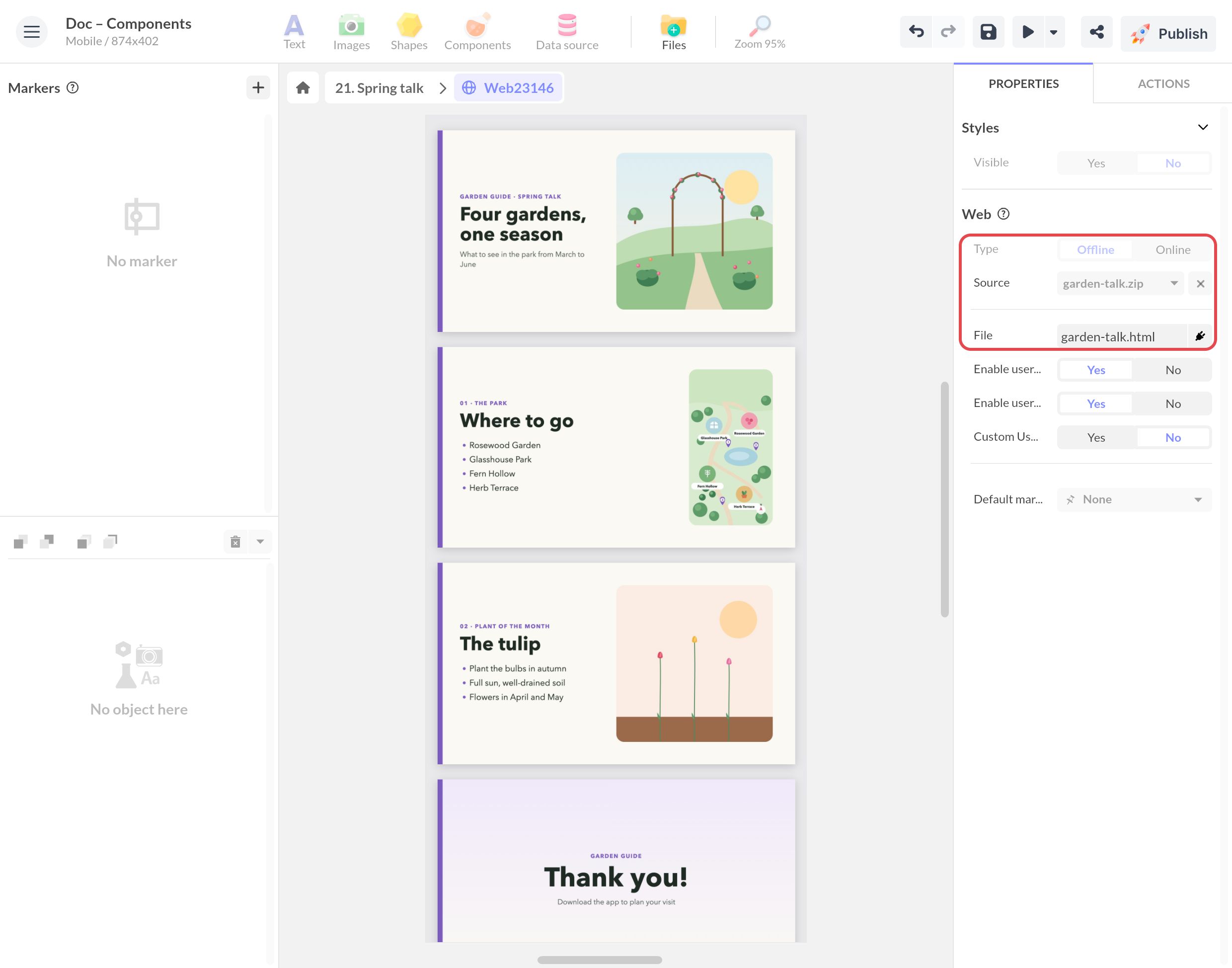 Dans un composant Web, une présentation de quatre diapositives convertie en HTML : type Hors ligne, garden-talk.zip et son fichier HTML